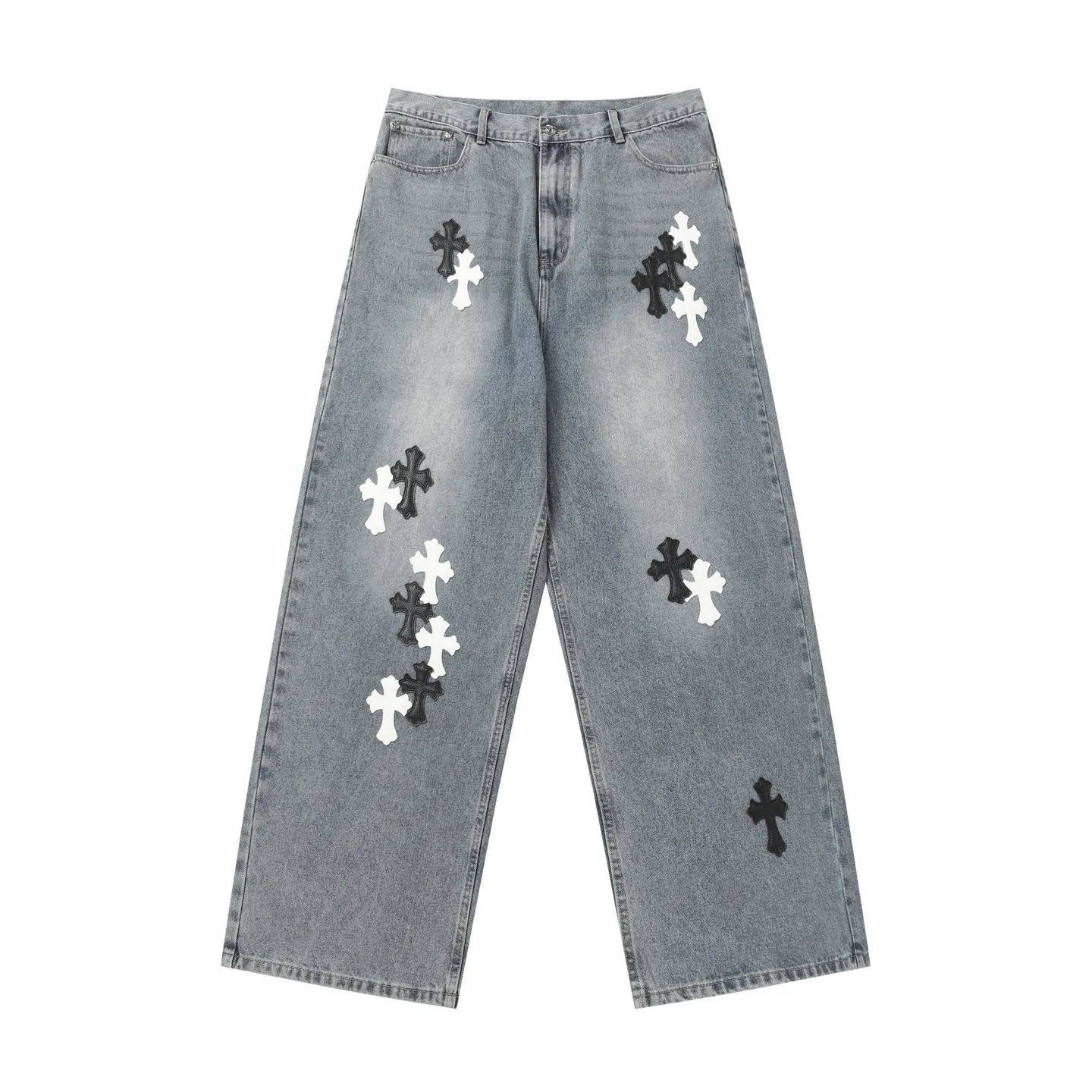 KE301 P270 The only correct leather label version on the market Chrome Hearts CH Heavy-duty washed distressed wide-leg jeans Top ceiling quality 100% correct version The correct version is here!  Believe me this must be the best quality you will ever come across! ! Excellent value for money! !  Styles with different washes and textures are very friendly to people with thin legs and thick legs. The straight version is very flattering to the shape of the legs. The moderate length is timeless and easy to match. It is the basis of various styles and a must-have in the wardrobe! ! Add a little stacking to make the atmosphere easy to control. The fabric is stiff but the upper body is soft without losing texture. The sides and cuffs of some styles have a bone-wash effect. It’s really hard not to love it!  ✅Correctly customize the Croxin metal leather label on the back panel. It is definitely not sold directly with the cross on the finished jeans. 1:1 copying strives for excellence and the details are perfectly grasped. ✅The cross leather label is clear and smooth. Exquisite turning top craftsmanship. ✅Buttons, zippers and hardware are all customized versions of the Croxin LOGO. ✅High-cost washing process. Size: 28 30 32 34 36